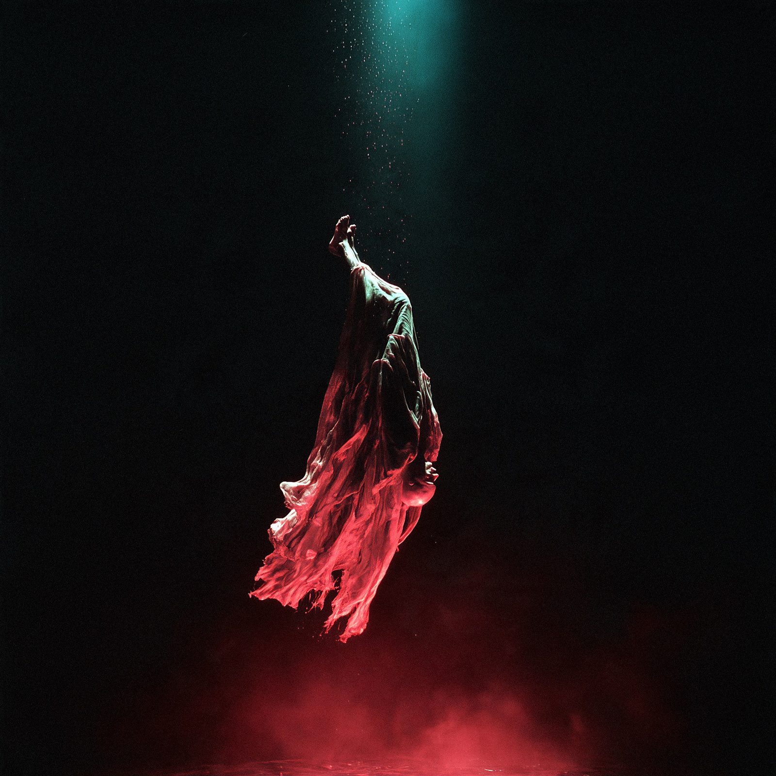 Flatline album artwork: a draped figure suspended between a teal beam of light and red mist